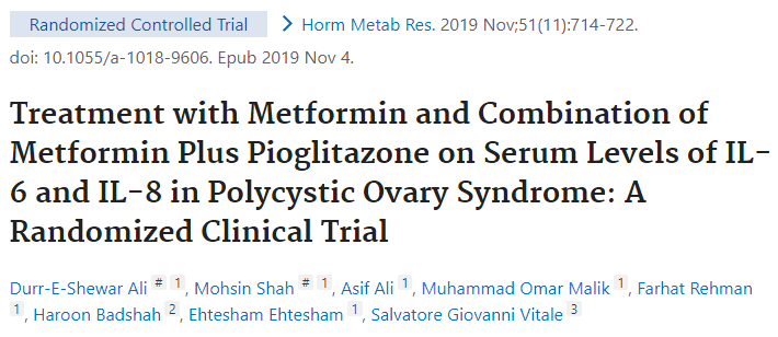 Horm Metab Res：二甲双胍联合吡格列酮可降低PCOS患者的炎症水平