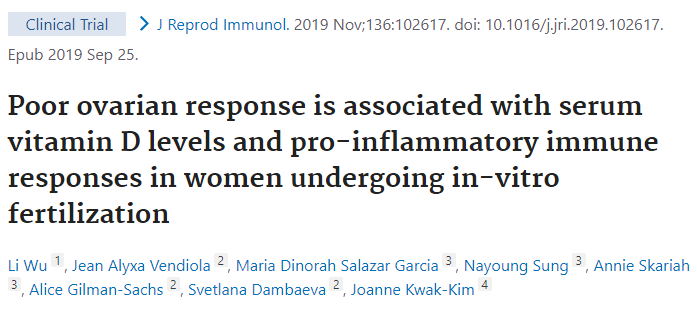 J Reprod Immunol：卵巢反应<font color="red">差</font>与接受体外受精的妇女血清维生素D水平和促炎免疫反应有关