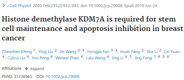 J Cell Physiol：组蛋白脱甲基酶KDM7A是乳腺癌干细胞<font color="red">维持</font>和细胞凋亡抑制所必需的