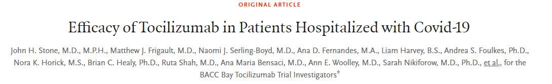 NEJM：Tocilizumab用于<font color="red">新</font><font color="red">冠</font><font color="red">肺炎</font><font color="red">住院</font><font color="red">患者</font>的治疗
