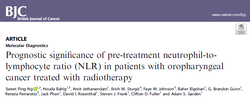 Br J Cancer：放疗前中性粒细胞淋巴细胞比值（NLR）：<font color="red">口</font>咽癌患者的预后指标