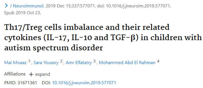 J Neuroimmunol：研究发现Th<font color="red">17</font>/Treg细胞失衡参与了自闭症谱系障碍的发生