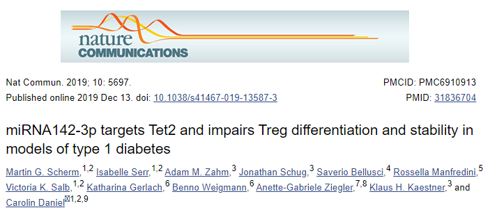 Nat Commun：miRNA142-3p靶向<font color="red">Tet</font>2可损害1型糖尿病患者Treg的稳定性