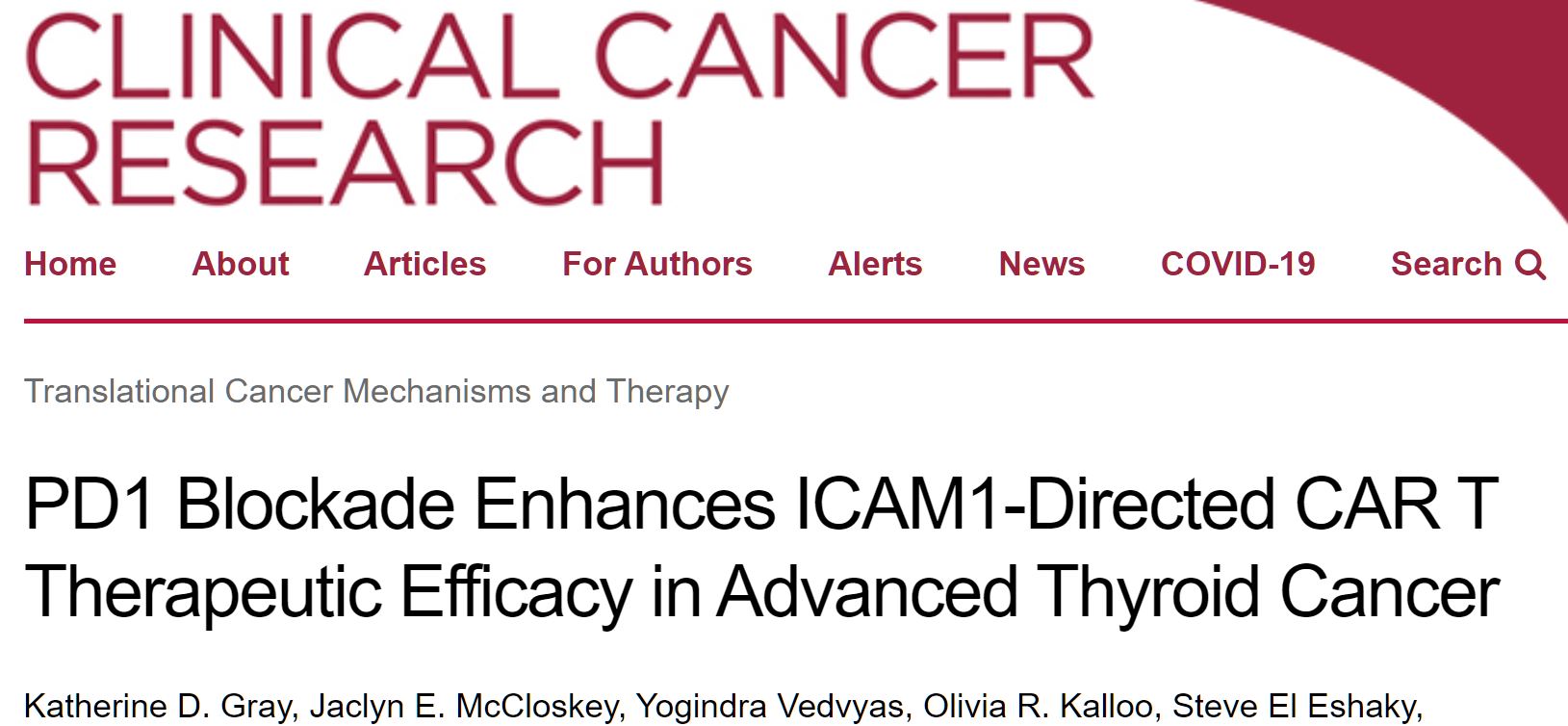 Clin Cancer Res：阻断<font color="red">PD</font><font color="red">1</font>可增强ICAM<font color="red">1</font>靶向CAR T细胞治疗晚期甲状腺癌的疗效