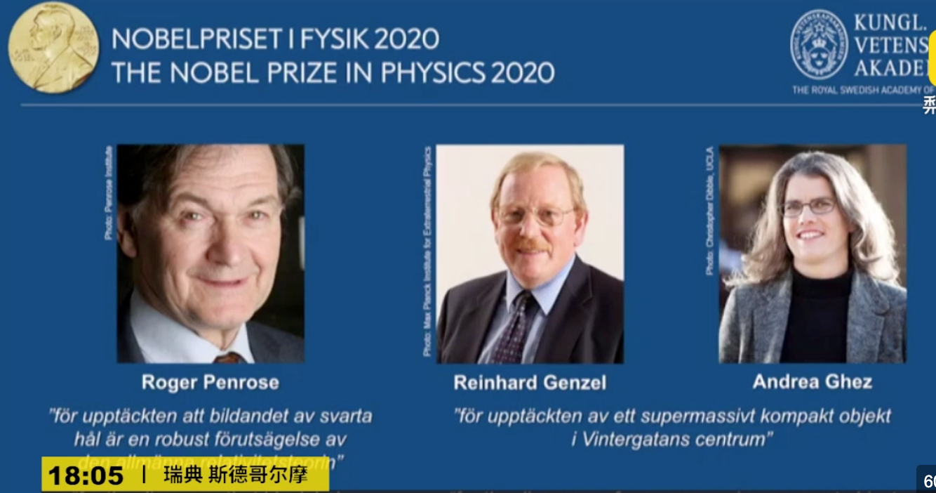 2020年诺贝尔物理学奖揭晓，黑洞相关三名科学家获奖