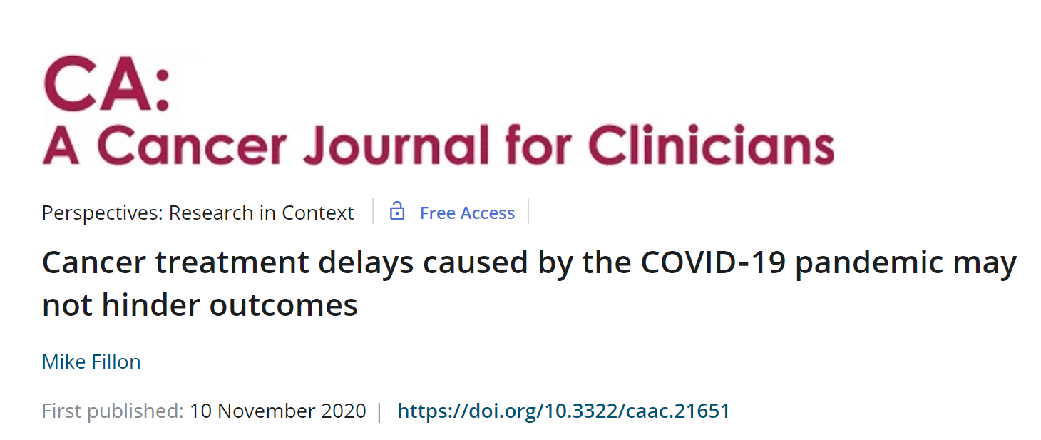 CA：COVID‐19大<font color="red">流行</font>期间某些癌症治疗延迟并不会影响结果