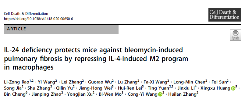 Cell Death Differ：IL-24缺失抑制IL-4诱导的巨噬细胞M2型转化以预防<font color="red">肺纤维化</font>作用