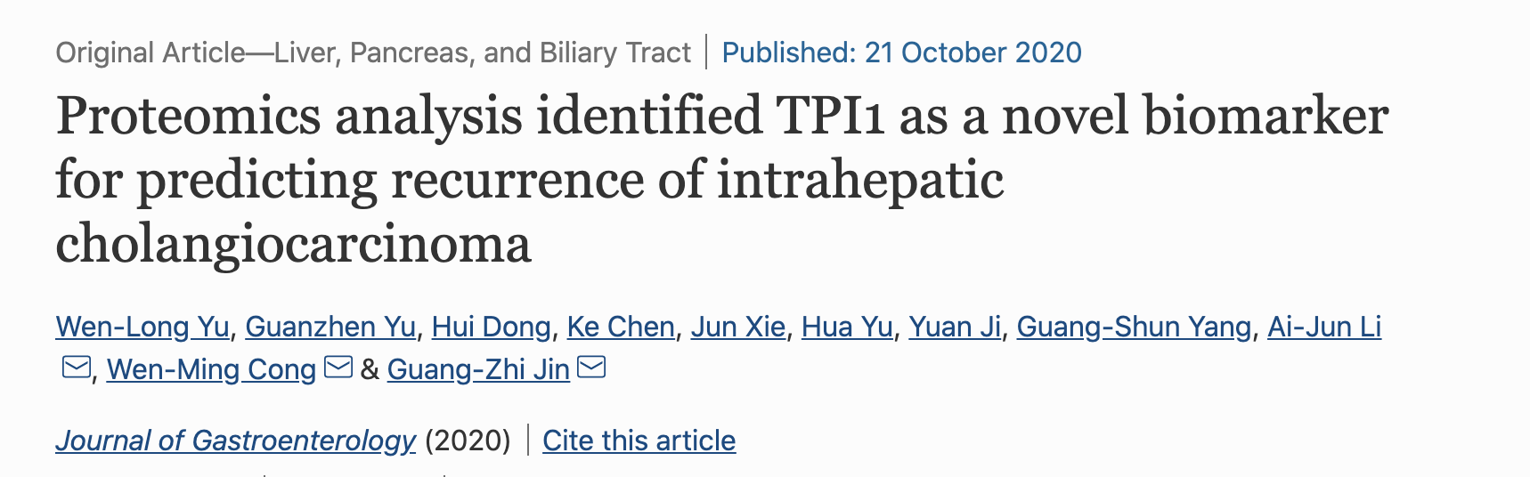 蛋白質組學分析確定TPI1是預測肝內膽管癌復發的新型生物標志物