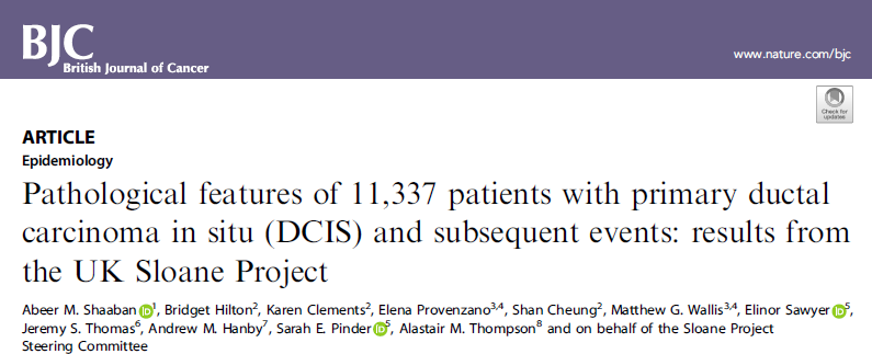 Br J Cancer：英国斯隆项目：11337例乳腺导管原位癌（DCIS）筛查以及后续事件的病理特征研究