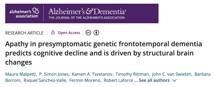 Alzheimer's Dementia | 淡漠，可提前预测遗传性额颞叶痴呆者的认知功能衰退