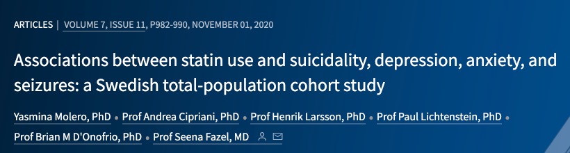 Lancet Psychiatry | 100万人的研究发现，他汀药物使用与自杀、焦虑症或癫痫发作无关