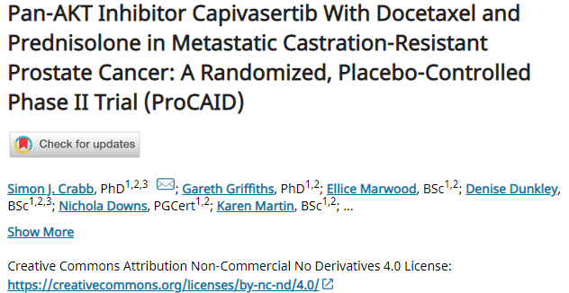  J Clin Oncol：Capivasertib联合多西他赛和泼尼松龙治疗转移性去势抵抗性前列腺癌