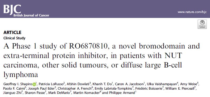 Br J Cancer：药物<font color="red">RO6870810</font>对NUT中线癌、其他实体瘤或弥漫性大B细胞淋巴瘤患者的治疗效果