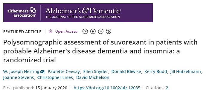 Alzheimers Dement：Suvorexant可改善疑似AD痴呆和失眠患者的<font color="red">睡眠</font>情况