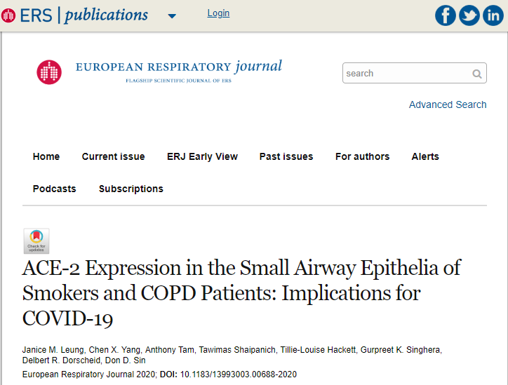 Eur Respir J：吸烟者和慢性<font color="red">阻塞性</font>肺疾病(COPD)患者更易患COVID-19