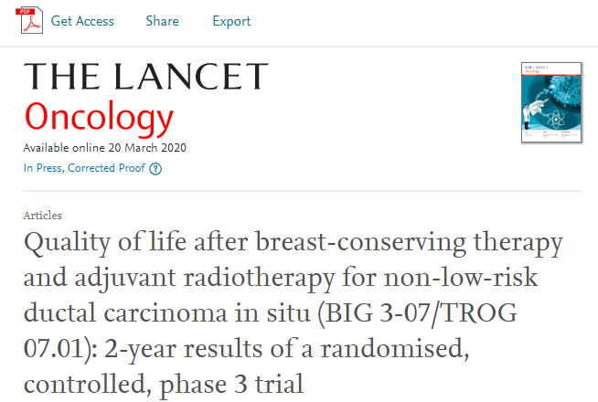 Lancet Oncol：放疗是否会影响<font color="red">导管</font>原位癌患者保<font color="red">乳</font>手术后的生活质量？