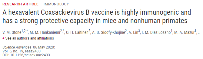 Sci Adv：1型糖尿病相关病毒的疫苗在<font color="red">动物模型</font>中试验成功