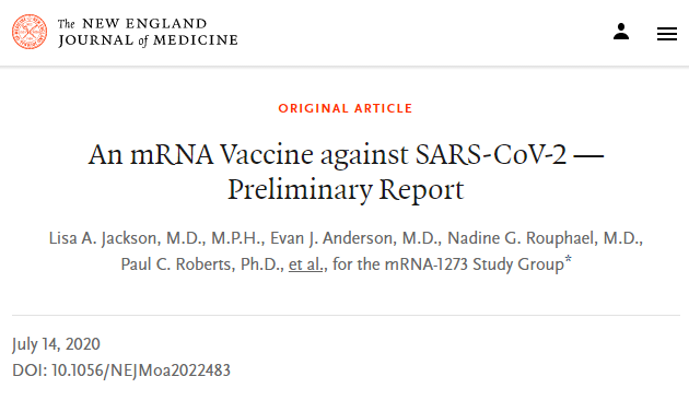 NEJM：mRNA-1273新冠疫苗I期临床数据正式发表！本月底将启动III期临床试验
