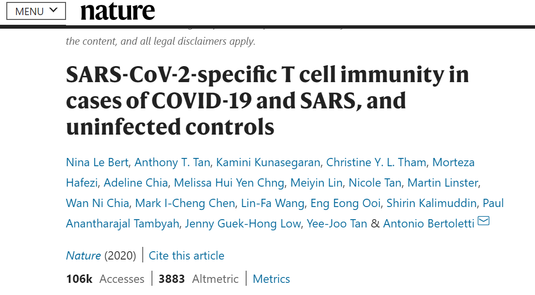 Nature：<font color="red">太</font>迷了…Nature最新研究：未感染人群体内也能检出新冠病毒特异性免疫T细胞