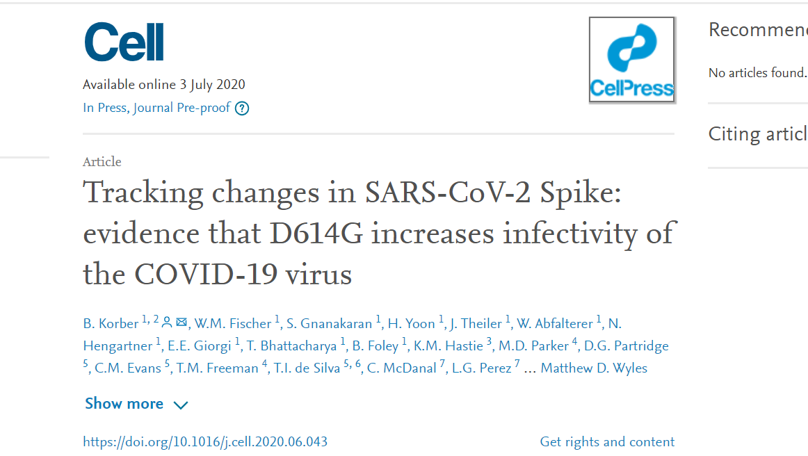 Cell：大流行中新冠病毒D614G普遍突变，感染滴度最高增加近10倍！