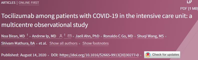 Lancet Rheumatol：重症监护室的COVID-19患者采用Tocilizumab治疗对预后的影响