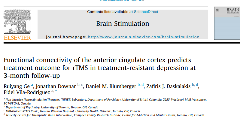 Brain Stimul：<font color="red">前</font><font color="red">扣</font><font color="red">带回</font>皮质的功能连通性可预测rTMS在难治性抑郁症中的治疗结果