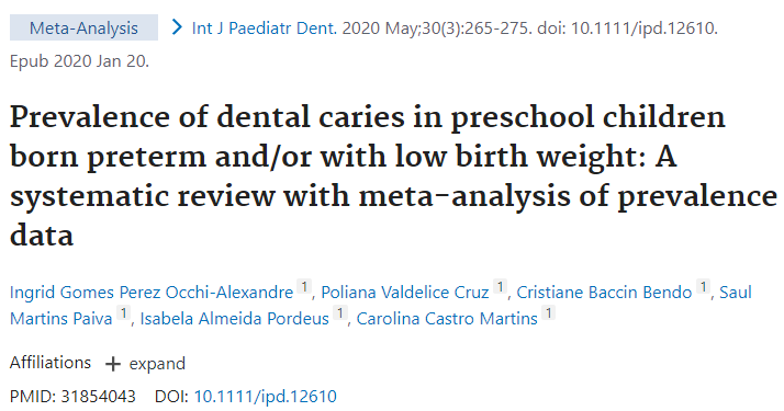 Int J Paediatr Dent：早产和/或低出生体重的学龄前儿童的龋齿患病率