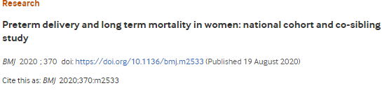 BMJ：产妇早产导致女性死亡的重要风险因素