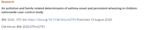 BMJ：与儿童哮喘相关的空气及家庭因素研究