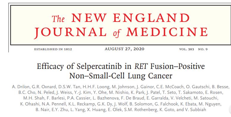 NEJM：Selpercatinib用于RET<font color="red">融合</font>阳性非小<font color="red">细胞</font>肺癌患者的治疗