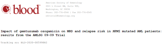 Blood：Getuzumab ozogamicin治疗对<font color="red">NPM1</font><font color="red">突变</font>AML患者MRD和复发风险的影响