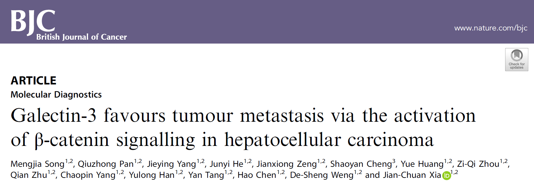 Br J Cancer：Galectin-3激活β-catenin信号通路促进肝癌转移