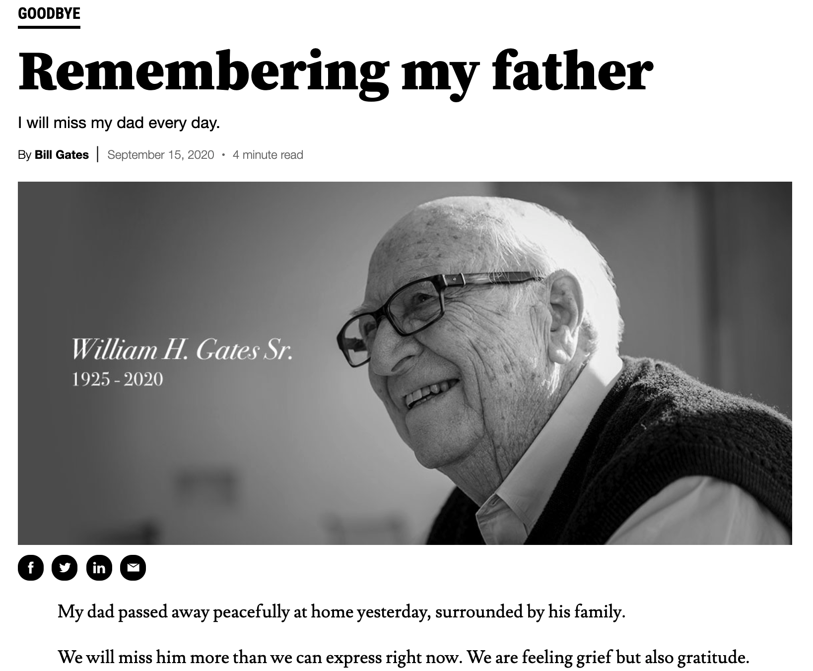 比尔·盖茨之父因阿尔茨海<font color="red">默</font>病去世，享年94岁