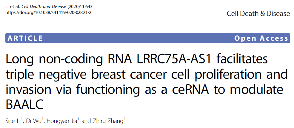Cell Death Dis：lncRNA LRRC75A-AS1促进三<font color="red">阴性</font>乳腺癌的发生发展