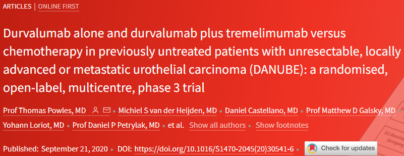 Lancet oncol：PD-L1抑制剂Durvalumab±<font color="red">曲</font>美单抗治疗转移性尿路上皮癌