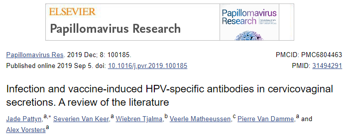 Papillomavirus Res：宫颈阴道分泌物中感染和疫苗诱导的HPV特异性抗体