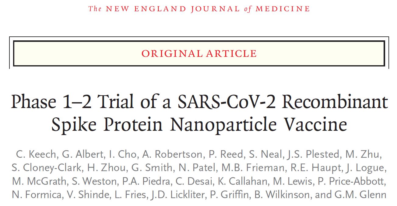 NEJM：新冠病毒疫苗NVX-CoV2373的1-2期临床试验结果