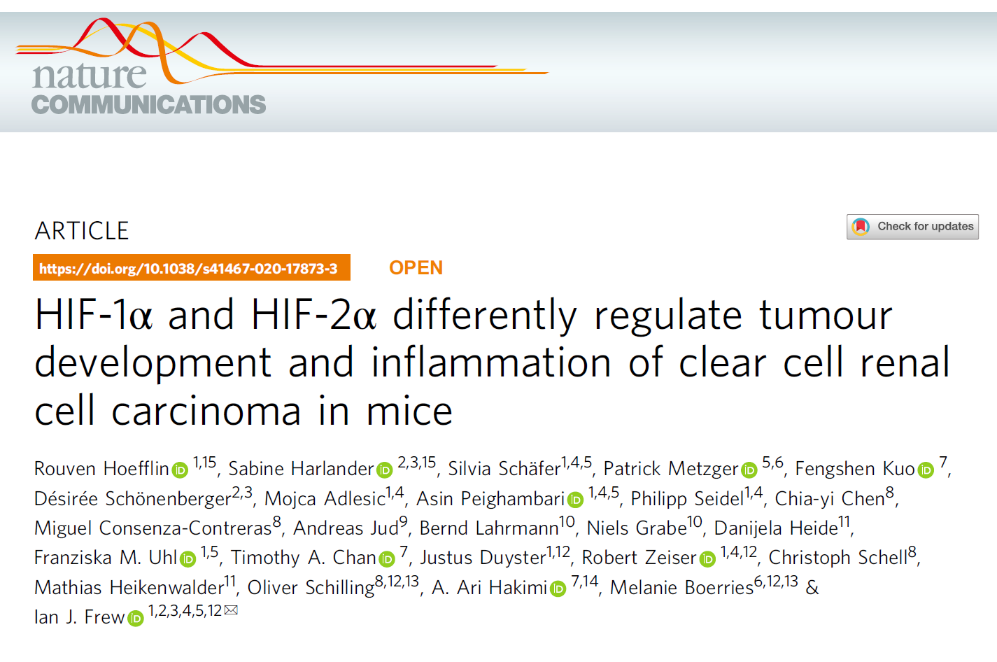 Nat Commun：HIF-1α和HIF-2α在肾透明<font color="red">细胞</font>癌中发挥相反的<font color="red">调节</font>作用