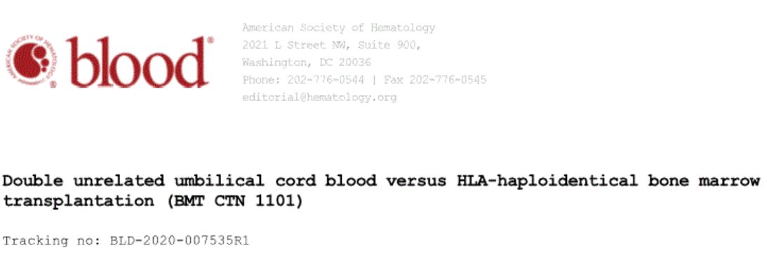 Blood：无亲缘关系的脐带血与HLA单倍体相合供体骨髓移植的预后对比