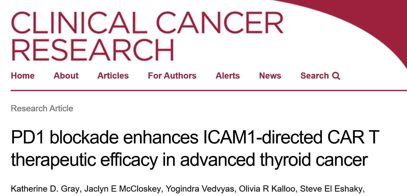 Clin Cancer Res：PD1阻断可增强ICAM1靶向CAR T细胞对晚期甲状腺癌的<font color="red">治疗效果</font>