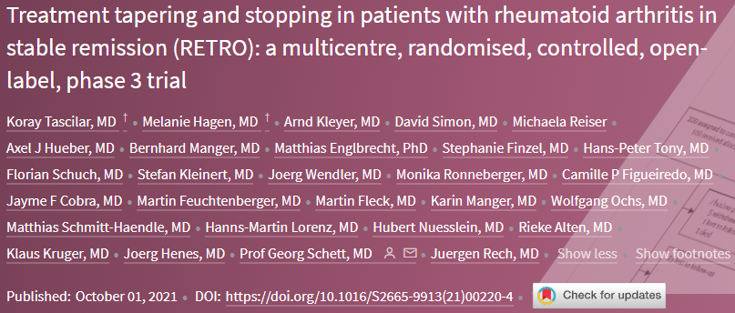 Lancet rheumatology:<font color="red">类风湿</font>性<font color="red">关节炎</font>稳定缓解期<font color="red">患者</font><font color="red">的</font>治疗逐渐减量和停止(RETRO)：一项多中心、随机、对照、开放标签3期试验