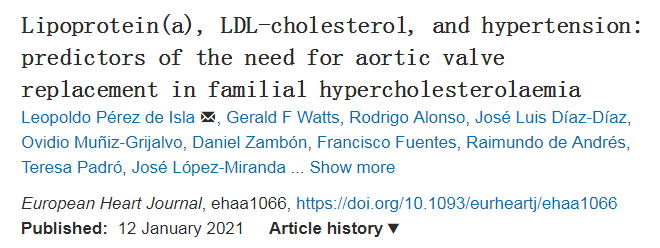 Eur Heart J：脂蛋白（a）、LDL-C和高血压是FH患者需要<font color="red">主动脉</font>瓣<font color="red">置换</font>的预测因素