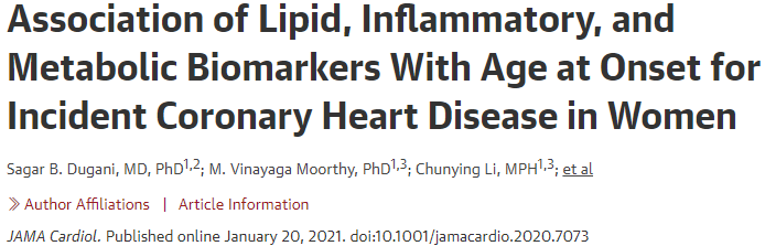JAMA Cardiol：女性冠心病发病年龄与血脂、炎症和代谢生物标志物的相关性