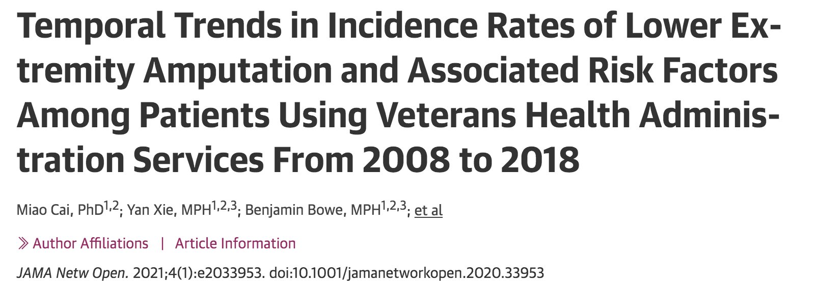 JAMA Netw Open：美国<font color="red">退伍</font>军人下肢截肢流行病学趋势
