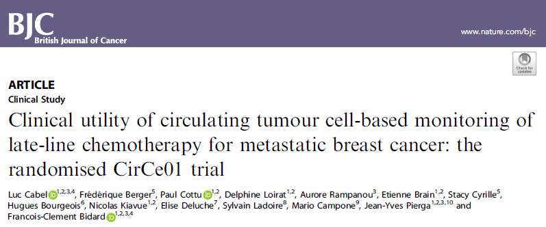 Br J Cancer：CirCe01随机试验分析基于循环肿瘤细胞的化疗监测策略对于转移性乳腺癌患者的临床实用性