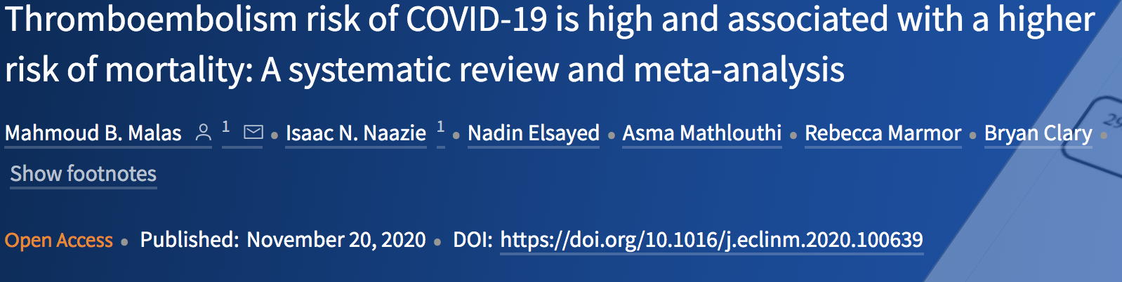 EClinical Medicine：COVID-19可导致不同程度的<font color="red">血栓</font>栓塞，且与较高的<font color="red">死亡</font><font color="red">风险</font>相关！