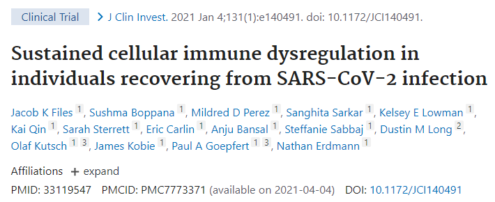 J Clin Invest：SARS-CoV-2感染恢复的患者体内出现持续<font color="red">细胞</font><font color="red">免疫</font><font color="red">失调</font>