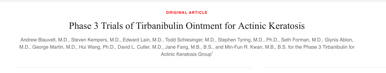 NEJM：替尼<font color="red">布</font>林软膏对光化性角化<font color="red">病</font>的作用