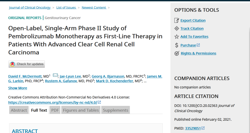 JCO：帕博利珠单抗<font color="red">一线</font>治疗进展期肾透明细胞癌患者<font color="red">一线</font>治疗的ORR可达36.4％