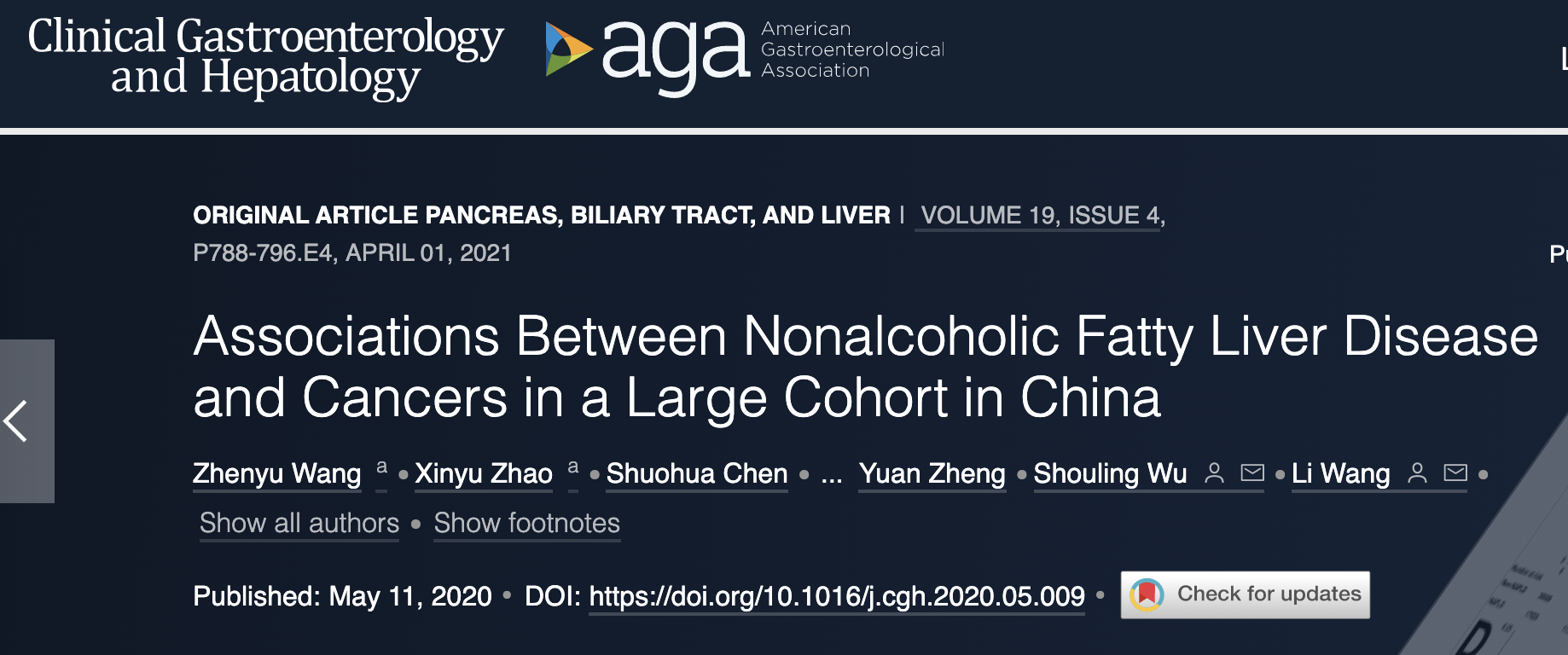 Clin Gastroenterology H: 中国大队列人群中非酒精性脂肪肝与癌症发生的关系